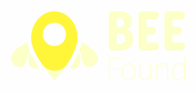 Logo von Bee Found mit einem gelben Standort-Symbol und dem Schriftzug 'BEE Found'.