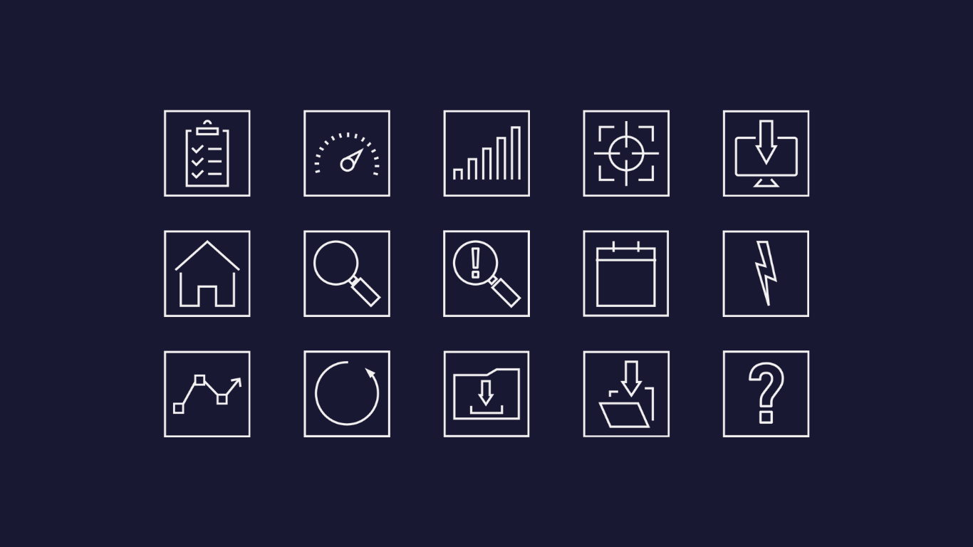 Eine Sammlung von Icons in einem minimalistischen Design, die verschiedene Funktionen darstellen, auf einem dunklen Hintergrund.