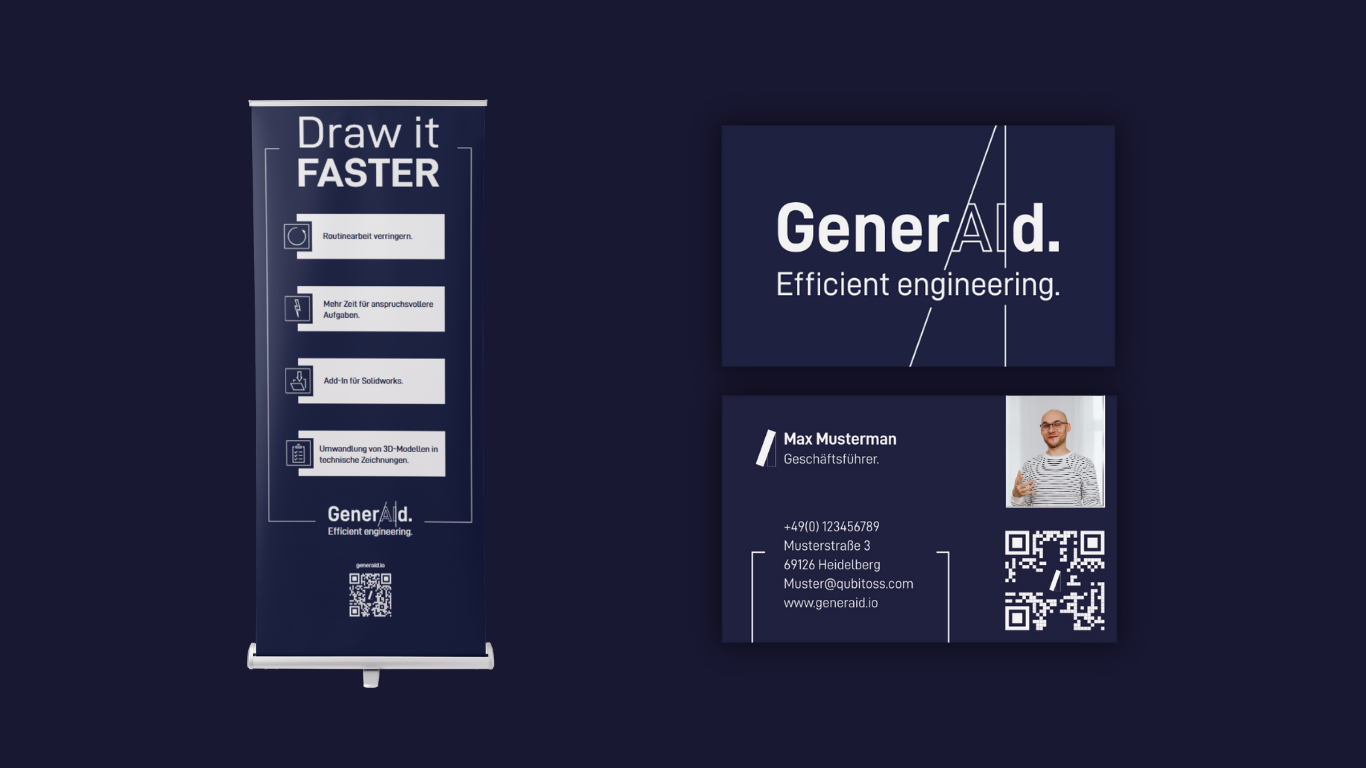 Visitenkarte und Roll-Up mit dem Logo von GenerAId und Informationen zur effizienten Ingenieursdienstleistung.