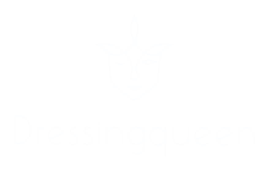 Weißes Logo mit einer stilisierten Krone und dem Schriftzug Dressingqueen in eleganter Schriftart.