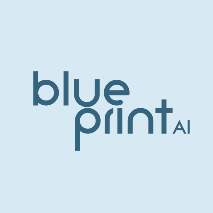 Ein minimalistisches und intellektuelles Wortmarken-Logo für Blue Print AI auf einem lichtblauen Hintergrund. Der Markenname ist in einem dunklen Blauton gehalten, der Vertrauen und Seriosität vermittelt. Der Text ‚blueprint‘ ist zweizeilig angeordnet, wobei die erste Zeile ‚blue‘ und die zweite Zeile ‚print‘ zeigt, was die visuelle Struktur eines Bauplans (Blueprints) nachahmt. Die Typografie ist eine saubere, moderne serifenlose Schrift. Die Buchstaben ‚u‘ und ‚r‘ in ‚print‘ sind gestalterisch miteinander verbunden. Rechts neben dem Wort ‚print‘ ist das Kürzel ‚AI‘ in kleineren Großbuchstaben platziert, was die technologische Ausrichtung auf künstliche Intelligenz präzise und elegant markiert.