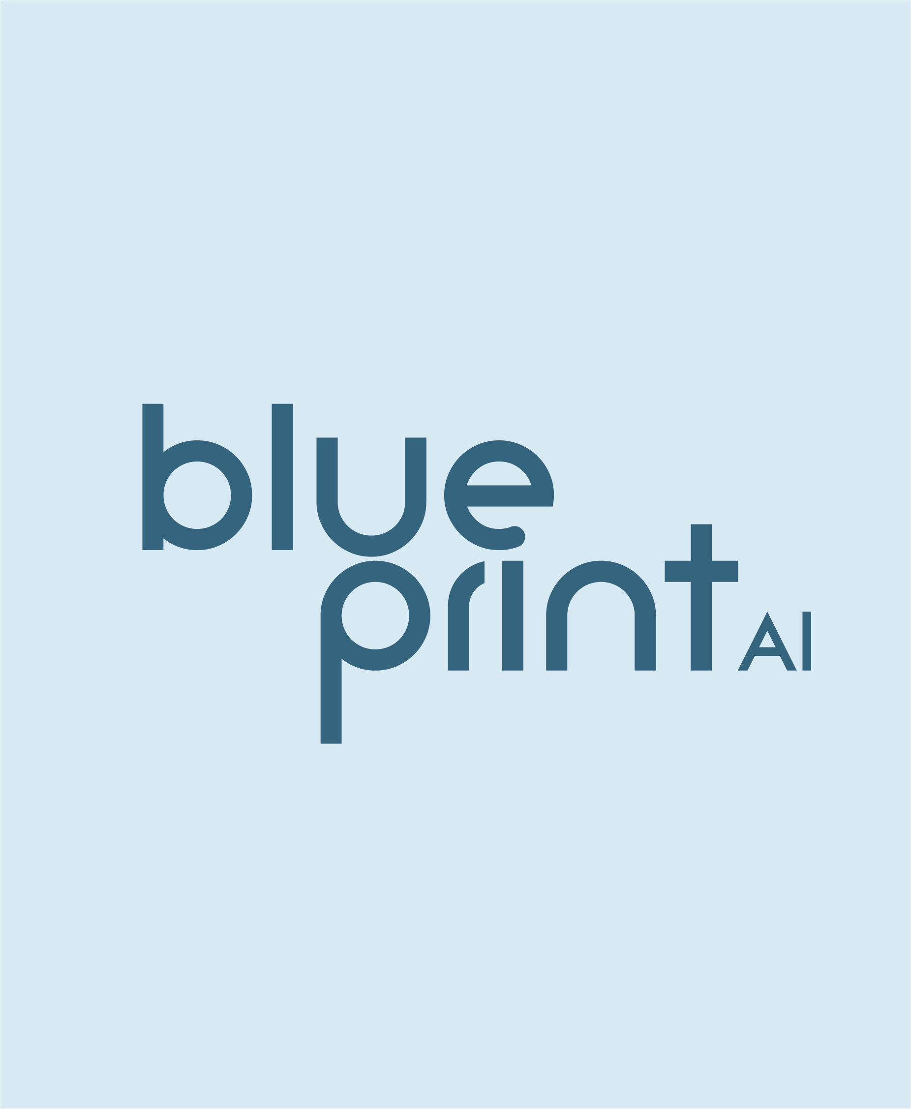 Ein minimalistisches und intellektuelles Wortmarken-Logo für Blue Print AI auf einem lichtblauen Hintergrund. Der Markenname ist in einem dunklen Blauton gehalten, der Vertrauen und Seriosität vermittelt. Der Text ‚blueprint‘ ist zweizeilig angeordnet, wobei die erste Zeile ‚blue‘ und die zweite Zeile ‚print‘ zeigt, was die visuelle Struktur eines Bauplans (Blueprints) nachahmt. Die Typografie ist eine saubere, moderne serifenlose Schrift. Die Buchstaben ‚u‘ und ‚r‘ in ‚print‘ sind gestalterisch miteinander verbunden. Rechts neben dem Wort ‚print‘ ist das Kürzel ‚AI‘ in kleineren Großbuchstaben platziert, was die technologische Ausrichtung auf künstliche Intelligenz präzise und elegant markiert.