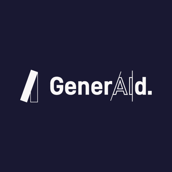 Ein minimalistisches, weißes Logo auf tiefblauem Grund für die Marke ‚GenerAId.‘. Links steht ein abstraktes Symbol aus zwei parallelen, schräg gestellten Balken – einer massiv gefüllt, der andere nur als Kontur. Rechts folgt die Wortmarke ‚GenerAId.‘ in einer serifenlosen Schrift. Das Design enthält ein typografisches Spiel: Das ‚A‘ und ‚I‘ am Ende sind durch feine vertikale Linien hervorgehoben und wirken wie eine technische Skizze oder ein digitaler Code, was den Fokus auf Künstliche Intelligenz (AI) und Unterstützung (Aid) betont. Das Logo schließt mit einem markanten Punkt ab.