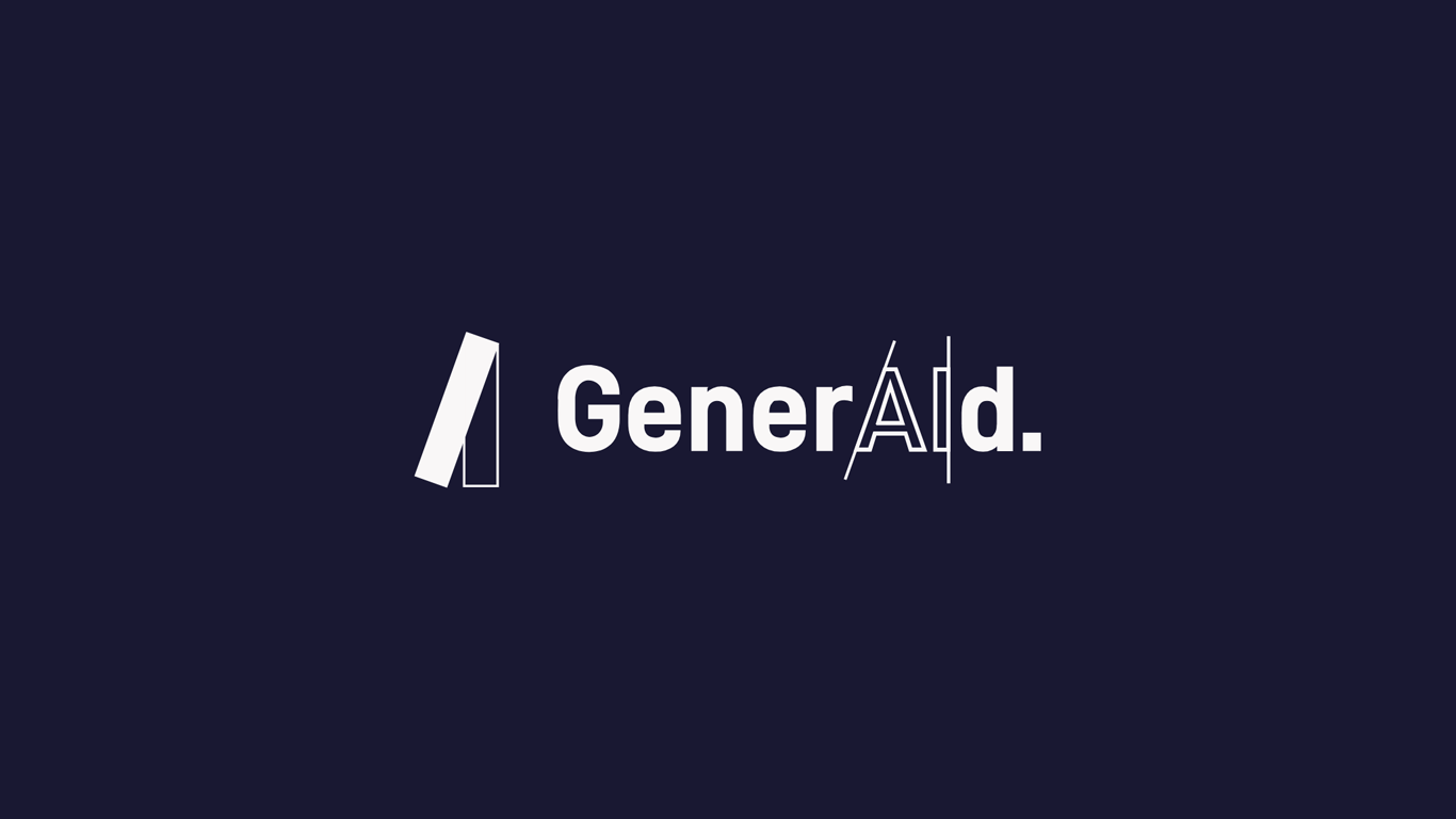 Ein minimalistisches, weißes Logo auf tiefblauem Grund für die Marke ‚GenerAId.‘. Links steht ein abstraktes Symbol aus zwei parallelen, schräg gestellten Balken – einer massiv gefüllt, der andere nur als Kontur. Rechts folgt die Wortmarke ‚GenerAId.‘ in einer serifenlosen Schrift. Das Design enthält ein typografisches Spiel: Das ‚A‘ und ‚I‘ am Ende sind durch feine vertikale Linien hervorgehoben und wirken wie eine technische Skizze oder ein digitaler Code, was den Fokus auf Künstliche Intelligenz (AI) und Unterstützung (Aid) betont. Das Logo schließt mit einem markanten Punkt ab.