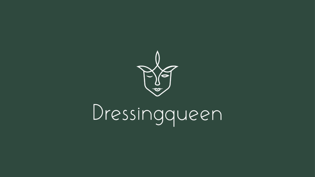 Ein elegantes und minimalistisches Logo für die Marke ‚Dressingqueen‘ auf einem tiefen, waldgrünen Hintergrund. Die Bildmarke im Zentrum ist eine filigrane Line-Art-Illustration, die ein abstraktes Frauengesicht darstellt. Die Linien formen gleichzeitig eine florale Krone oder ein Blattmotiv über dem Kopf, was Natur und königliche Eleganz vereint. Das Gesicht wirkt ruhig und symmetrisch. Darunter steht die Wortmarke ‚Dressingqueen‘ in einer feinen, modernen Sans-Serif-Schrift in Weiß. Das gesamte Design vermittelt ein Gefühl von natürlicher Schönheit, Hochwertigkeit und Souveränität.