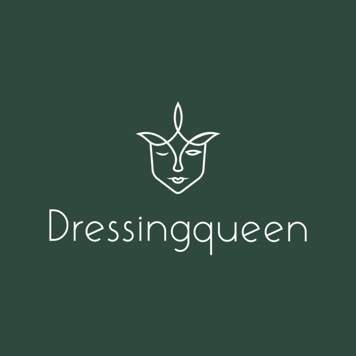 Ein elegantes und minimalistisches Logo für die Marke ‚Dressingqueen‘ auf einem tiefen, waldgrünen Hintergrund. Die Bildmarke im Zentrum ist eine filigrane Line-Art-Illustration, die ein abstraktes Frauengesicht darstellt. Die Linien formen gleichzeitig eine florale Krone oder ein Blattmotiv über dem Kopf, was Natur und königliche Eleganz vereint. Das Gesicht wirkt ruhig und symmetrisch. Darunter steht die Wortmarke ‚Dressingqueen‘ in einer feinen, modernen Sans-Serif-Schrift in Weiß. Das gesamte Design vermittelt ein Gefühl von natürlicher Schönheit, Hochwertigkeit und Souveränität.