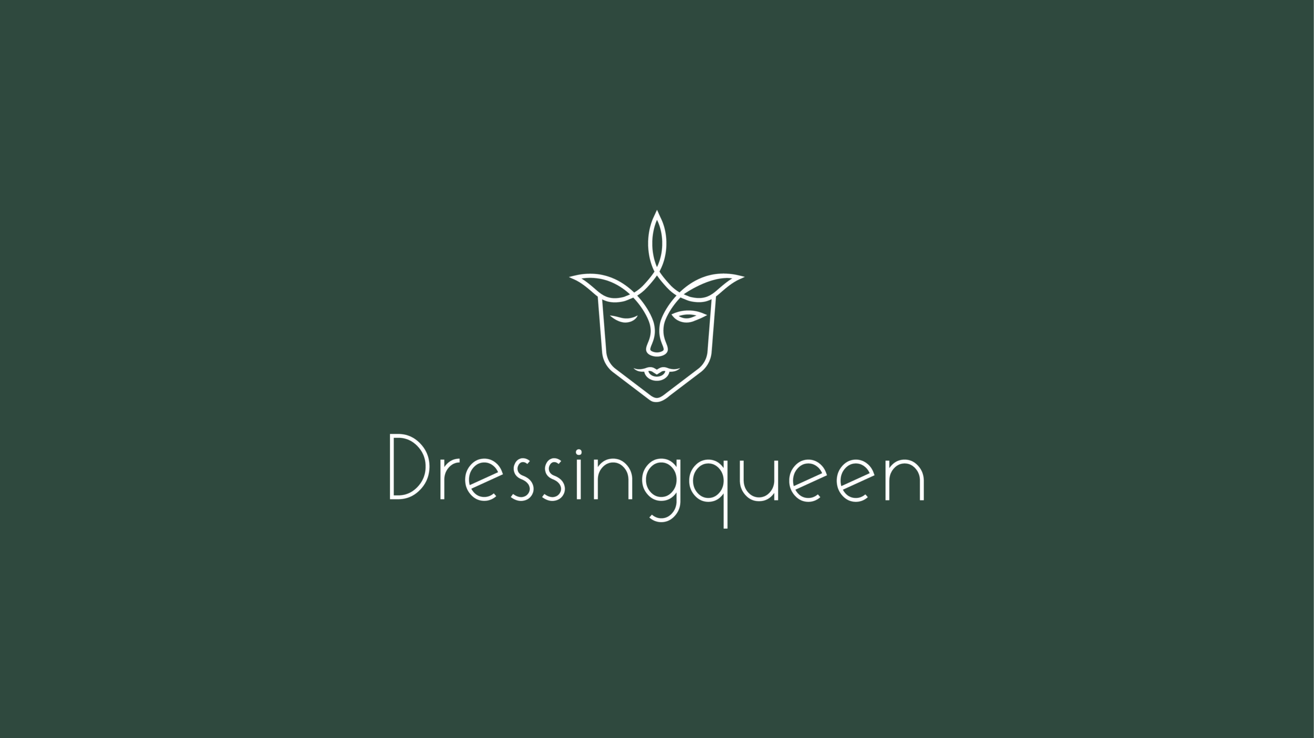 Ein elegantes und minimalistisches Logo für die Marke ‚Dressingqueen‘ auf einem tiefen, waldgrünen Hintergrund. Die Bildmarke im Zentrum ist eine filigrane Line-Art-Illustration, die ein abstraktes Frauengesicht darstellt. Die Linien formen gleichzeitig eine florale Krone oder ein Blattmotiv über dem Kopf, was Natur und königliche Eleganz vereint. Das Gesicht wirkt ruhig und symmetrisch. Darunter steht die Wortmarke ‚Dressingqueen‘ in einer feinen, modernen Sans-Serif-Schrift in Weiß. Das gesamte Design vermittelt ein Gefühl von natürlicher Schönheit, Hochwertigkeit und Souveränität.